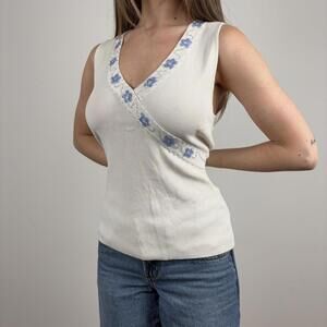 Women's Cream & Blue Floral Beaded Tank